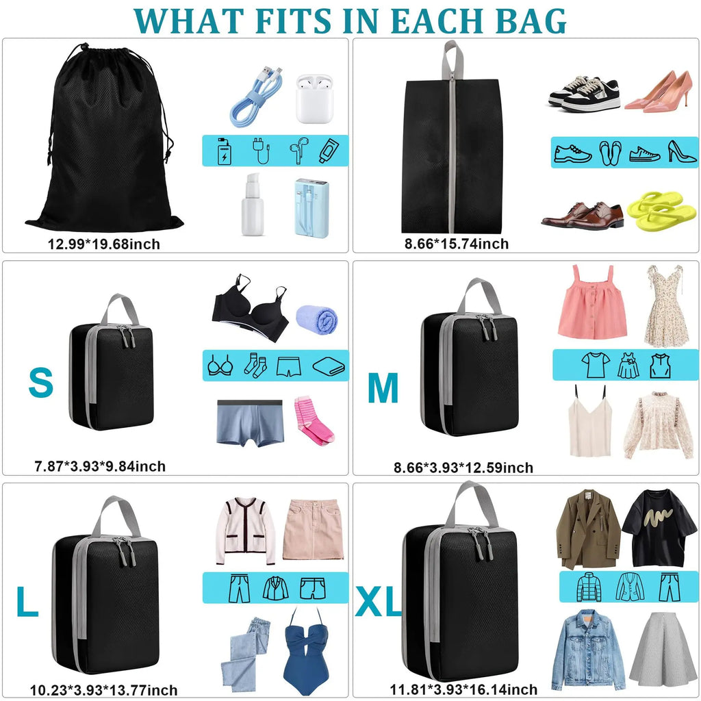 Compression Packing Cubes Set - 6 Piece Travel Organizer