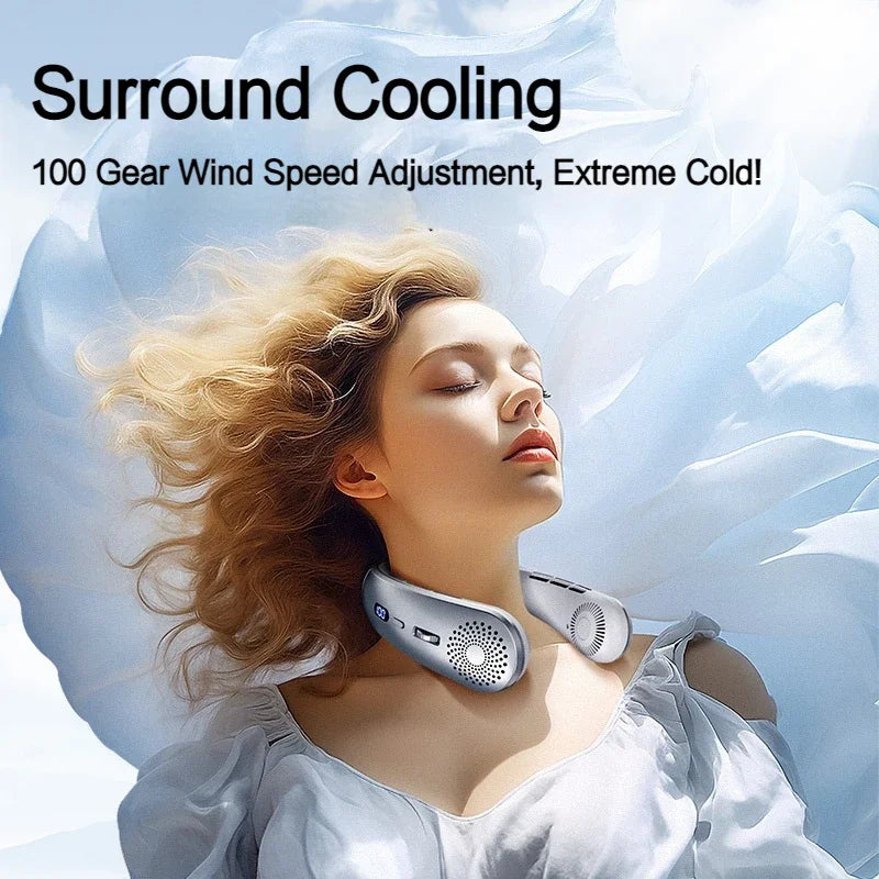 Bladeless neck fan side profile view - headphone style design with 3 speed settings