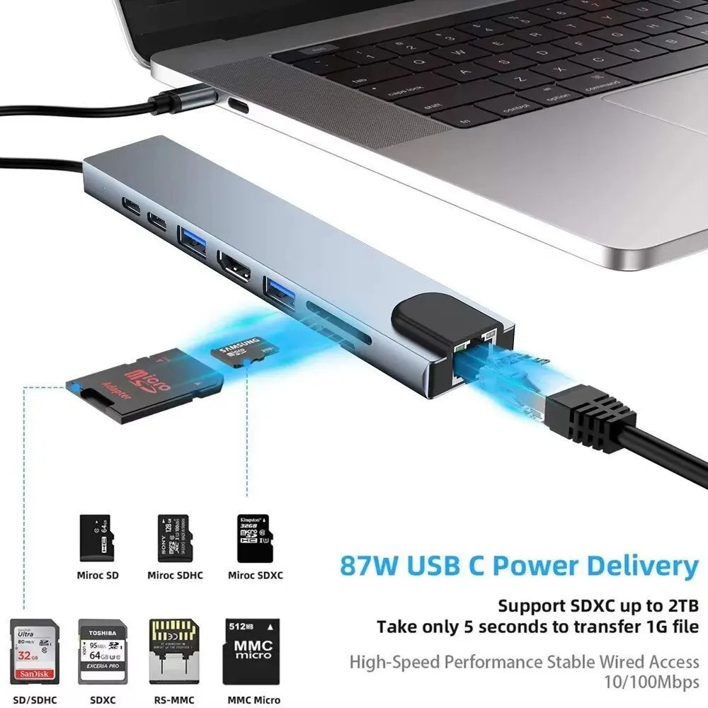 8-in-1 USB-C Hub Adapter - Multiport Docking Station