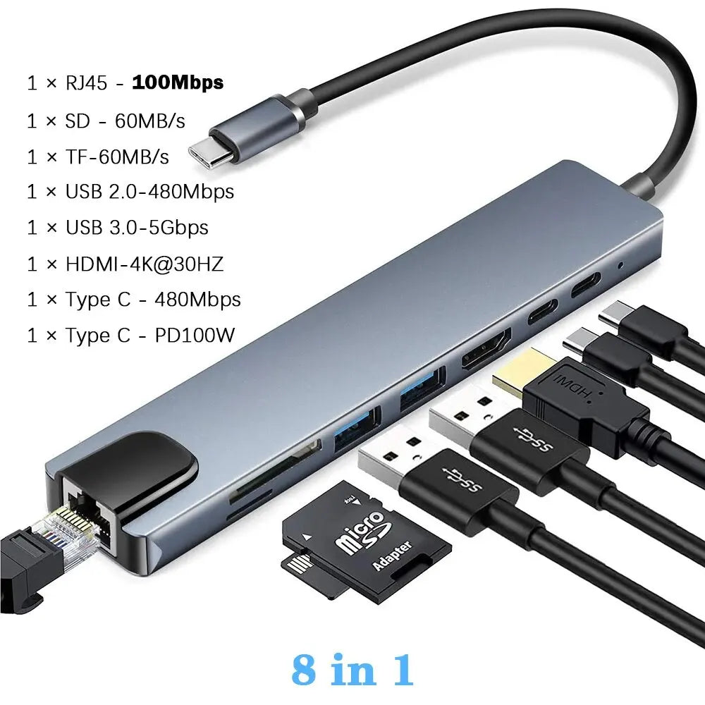 8-in-1 USB-C Hub Adapter - Multiport Docking Station