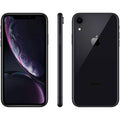 Apple iPhone XR in Black showing front display, side profile, and rear glass panel – official product composite image
