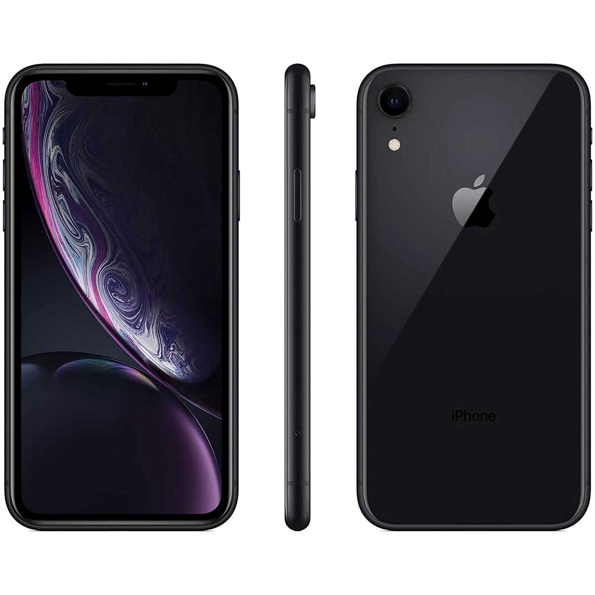 Apple iPhone XR in Black showing front display, side profile, and rear glass panel – official product composite image