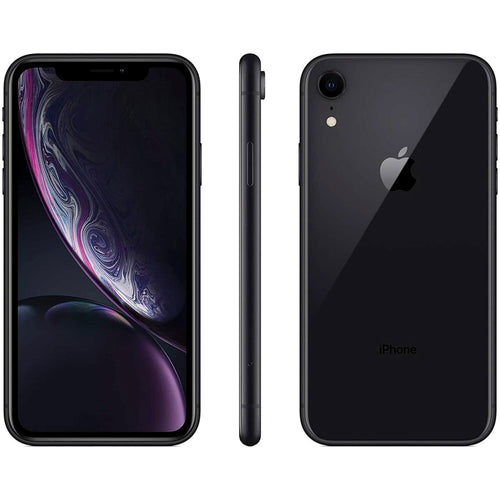 Apple iPhone XR in Black showing front display, side profile, and rear glass panel – official product composite image
